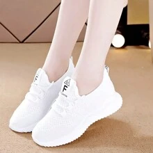 Zapatos deportivos informales para mujeres de color blanco lino para todas las estaciones, ligeros, cómodos, con absorción de impactos, resistente al deslizamiento, malla transpirable, tejido de gancho, zapatos para correr y caminar,Zapatillas blancas con cordones gruesos, con superficie de malla deportiva y detalles de encaje, de moda para mujer, para usar en vacaciones de verano de de verano en zapatos,Zapatos planos de malla transpirable para mujer de moda, zapatos deportivos casuales y simples para mujer con suela antideslizante, cómodos y ligeros con diseño de deslizamiento fácil - Blanco - Ver 8