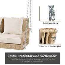 Sweiko Sweiko Gartenschaukel, Gartenmöbel-Set für den Außenbereich, Beiges Rattan, beiges Sitzkissen, 2 Sitze, mit Sitzkissen und Rückenkissen, abnehmbar und waschbar