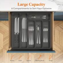 Silverware Organizer With Lid, Covered Utensil Tray For Kitchen Drawer And Countertop, Plastic Cutlery And Flatware Storage Box For Spoons Forks Knives Holder Case, 6 Compartments - màu đen - Xem 3
