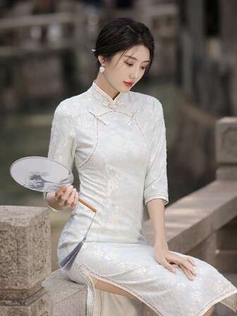 New Chinese Style Improved Cheongsam Dress, Young Women's Vintage Retro Republic Of China Frog Button Jacquard Dress