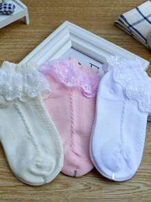 3 Pairs Solid Color Lace Princess Dance Party Socks For Children, Fashionable And Versatile