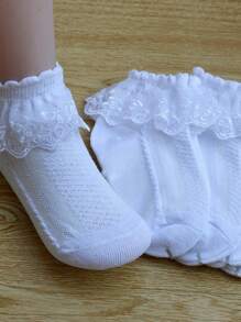 3 Pairs Solid Color Lace Princess Dance Party Socks For Children, Fashionable And Versatile
