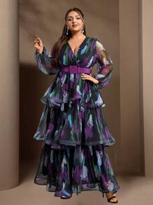 Plus Size Elegant Floral Printed Lantern Sleeve Cake Dress For Spring/Summer - Multicolor - View 1