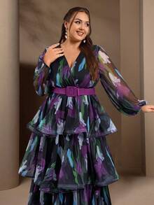 Plus Size Elegant Floral Printed Lantern Sleeve Cake Dress For Spring/Summer - Multicolor - View 4