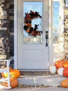 Americana Style Halloween Wreath 1PC - 13.77 Inch Black Cat Crescent Moon Door Hanging, Gothic Decor, Halloween Moon Decoration, No Feathers, Electricity-Free Use - Orange - View 6