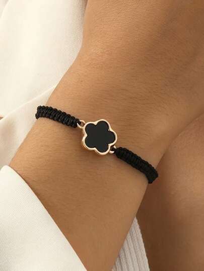 1pc Women's Handmade Adjustable Bracelet With Black Enamel Floral Design, & Fashionable