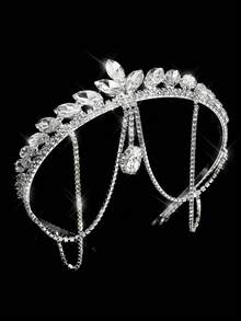 1pc Girls Luxury Rhinestone Tassel Pendant Crown, Shining Diamond Jewelry Wedding Beautiful Bride, Party Women Crown Royal Tiara - Silver - View 3