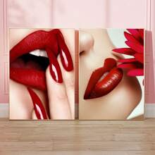 2pcs/Set Red Lipped Modern Girl Poster And Print, Canvas Art, Aesthetics Poster, For Living Room Bedroom Office Wall Decor,Without Frames