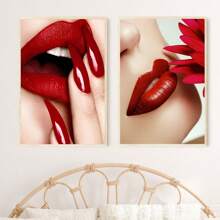 2pcs/Set Red Lipped Modern Girl Poster And Print, Canvas Art, Aesthetics Poster, For Living Room Bedroom Office Wall Decor,Without Frames