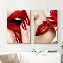 2pcs/Set Red Lipped Modern Girl Poster And Print, Canvas Art, Aesthetics Poster, For Living Room Bedroom Office Wall Decor,Without Frames