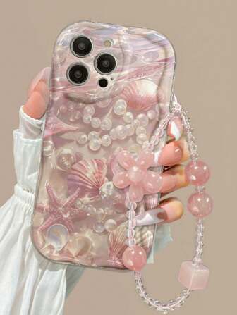 Blommigt telefonskal med blommigt armband, krämigt genomskinligt rosa snäckskal med strandmålade pärlor, förtjockt fallskyddande telefonskal, skyddande skal, kompatibelt med , kompatibelt med Samsung, kompatibelt med , kompatibelt med , kompatibelt med Redmi