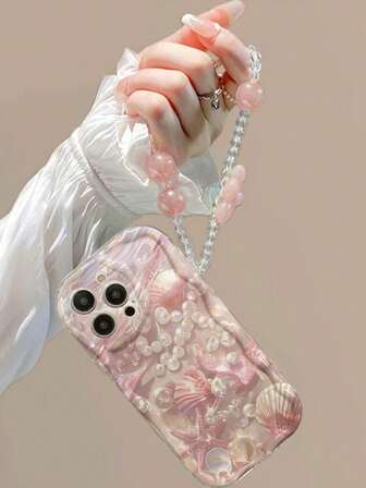 Flower Phone Case Flower Bracelet, Creamy Translucent Pink Seashell Beach Painted Beaded Wristband, Thickened Anti-Fall Phone Case Protective Cover Compatible With IPhone Compatible With Samsung, Compatible With Xiaomi, Compatible With Huawei Compatible With Redmi
