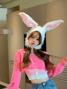 1只可愛毛絨兔耳長連帽帽子，女士搞笑兔耳帽 - A - 查看 5