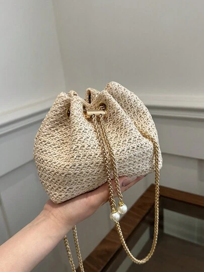 Fashion Solid Color Hollow Out Woven Chain Drawstring Mini Crossbody Bucket Bag , Small Bags