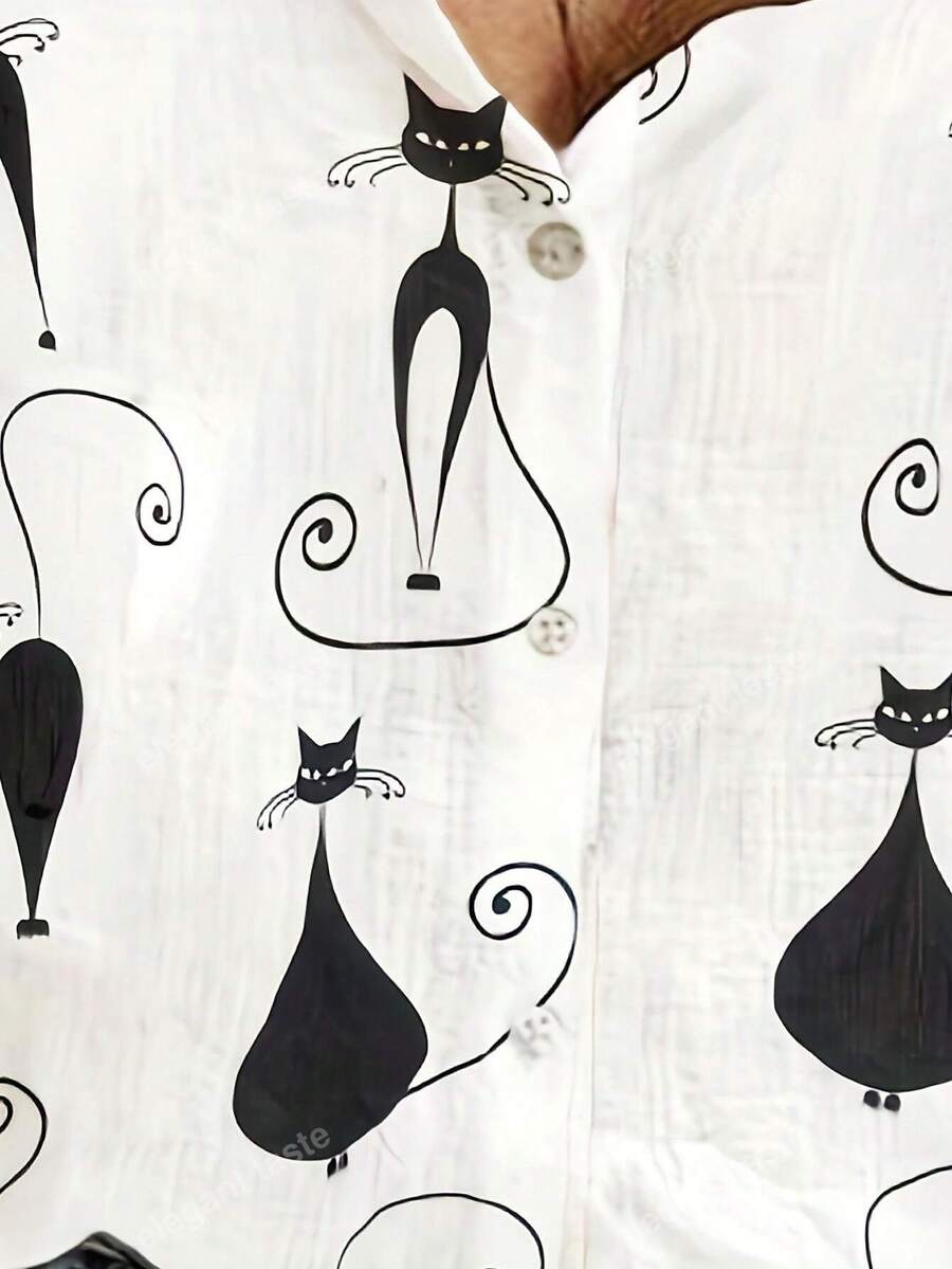 Cute Cat Print Button Front Shirt, Casual Lapel Long Sleeve Shirt