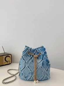 New Classic Versatile Solid Color Rhombus Textured Metal Drawstring Closure One Shoulder Bucket Bag, Elegant Women Wallet, Suitable For Shopping, Commuting, Parties And Other Occasions - Blue - View 3