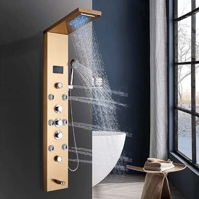 LED Shower Panel Tower System Rainfall Waterfall Shower 304 Stainless Steel Bathroom Shower Tower With 6 Brass Body Massage Spray Handheld Shower, Bathtub Spout, Brushed Nickel/Gold/Black