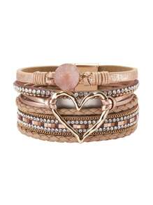 Fashionable Heart-Shaped Faux Leather Bracelet - Sparkling Rhinestone Decor - Magnetic Clasp Design, Easy To Wear - Perfect Accessory For Any Occasion, Ideal Valentine's Day Gift