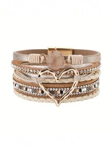 Fashionable Heart-Shaped Faux Leather Bracelet - Sparkling Rhinestone Decor - Magnetic Clasp Design, Easy To Wear - Perfect Accessory For Any Occasion, Ideal Valentine's Day Gift
