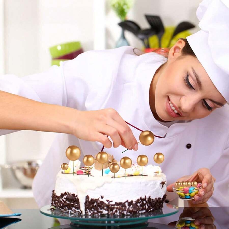 50 PCS Gold Cake Decorating Balls In Mixed Sizes Cake Topper Baking