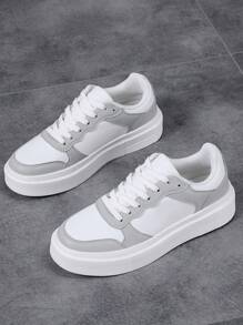 46 White Thick Sole Men's Casual Sneakers, Lightweight Soft Bottom Breathable Sports Shoes - Multicolor - View 5