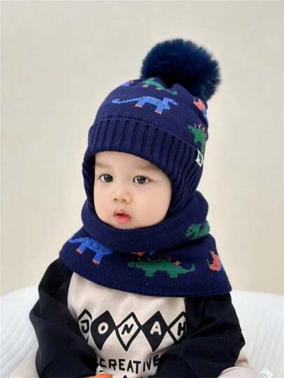 2pcs Dinosaur Hat & Scarf Set, Warm Winter Ear Ion Cap For Toddler Boys & Girls