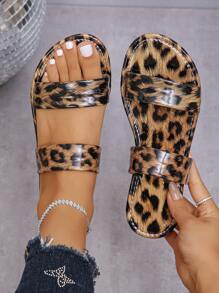Women's Sparkly Glitter Decor Slippers, Casual Flat Summer Shoes, Lightweight Beach Sandals, Ladies' Sandals - Leopard Brown - View 1