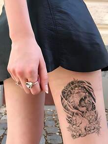 1 Sheets Big Size Body Art Temporary Tattoo Stickers For Women Or Men, Black Realistic Sketch Style Crowned Lion And Its Family Pattern, Waterproof Fake Tattoo, Lasts 2-5 Days, Covering Scars,Can Be Used On Arms Wrist Shoulders Legs Waist Neck Hand Chest Thighs Finger Ankle, Suitable For Parties, Gifts, Vacations, Body Decoration - Black - View 4