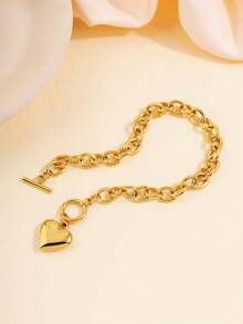 1 Chiếc Vòng Tay Hình Trái Tim Bằng Thép Không Gỉ, Thiết Kế Đơn Giản, Phụ Kiện Trang Sức Đa Năng, Thích Hợp Cho Trang Trí Hàng Ngày Của Phụ Nữ - Vàng - Xem 3