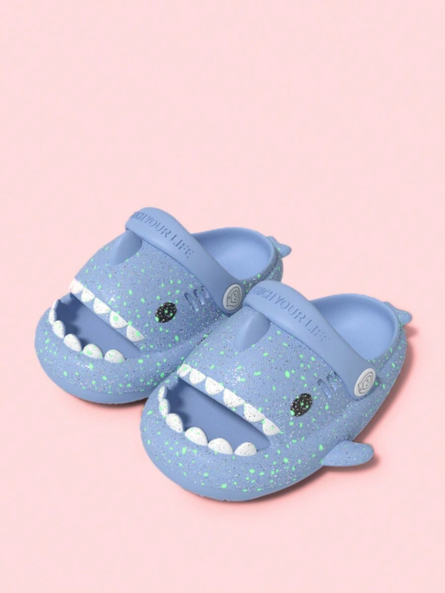 Funny Night Light Shark Kids' Slippers With Anti-Kick Design And Holes, Beach Style, Back Strap, Summer - Blue - View 1