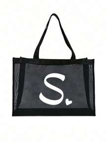 1 pieza Bolsa de playa con forma de corazón y letra A-Z de malla, bolsa de playa con forma de corazón y letra, bolsa de playa plegable, bolsa de playa de malla para mujer, adecuada para almacenamiento y compras en vacaciones de playa, bolso de gran capacidad - Negro - Ver 26