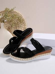 Zapatillas / Sandalias simples de mujer, zapatos casuales de tacón de cuña de punta abierta con plataforma impermeable cómoda, de moda