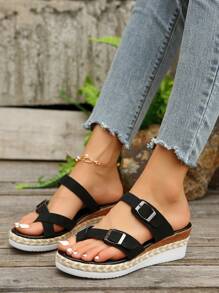 Zapatillas / Sandalias simples de mujer, zapatos casuales de tacón de cuña de punta abierta con plataforma impermeable cómoda, de moda