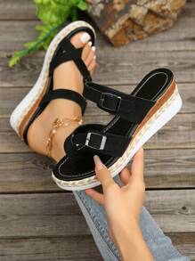 Zapatillas / Sandalias simples de mujer, zapatos casuales de tacón de cuña de punta abierta con plataforma impermeable cómoda, de moda
