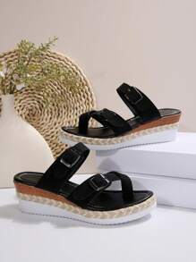 Zapatillas / Sandalias simples de mujer, zapatos casuales de tacón de cuña de punta abierta con plataforma impermeable cómoda, de moda
