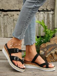 Zapatillas / Sandalias simples de mujer, zapatos casuales de tacón de cuña de punta abierta con plataforma impermeable cómoda, de moda
