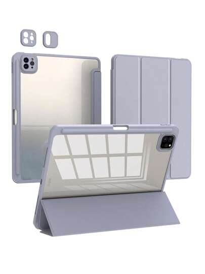 Mirror 1pc Grey Purple Tri-Fold Silicone Foldable IPad Case, Shell Slim Stand Shockproof Anti Fall Pen Holder Anti-Fall Tablet Cover Compatible With Apple IPad Mini 4/5/6, 9.7/10.2/10.5 Inches, Air 4/5/6, 10th Gen, 10.9 Inches, Pro 11 Inches, Air 11(M2) , Air 13 And Pro 11(M4) Models. Clear Back Cover With High Transparency For DIY Personalization.