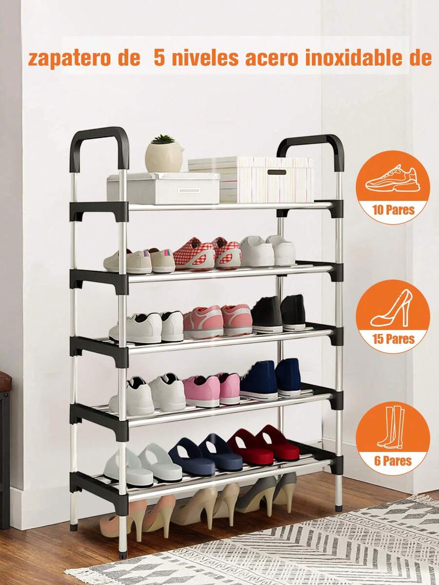 Zapatera,zapatero de acero inoxidable de 5 niveles - organizador de ropa, zapatero con estantes, organizador de ropa, estante para ropa y zapatos, zapatero, zapatero, organizador de gran capacidad, ahorra espacio, fácil de montar - Negro - Ver 1