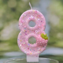Velas numéricas de cumpleaños de 2,95 pulgadas, velas de número rosa brillante para la parte superior del pastel con fresas y lentejuelas para suministros de celebración de aniversario - Rosa - Ver 8