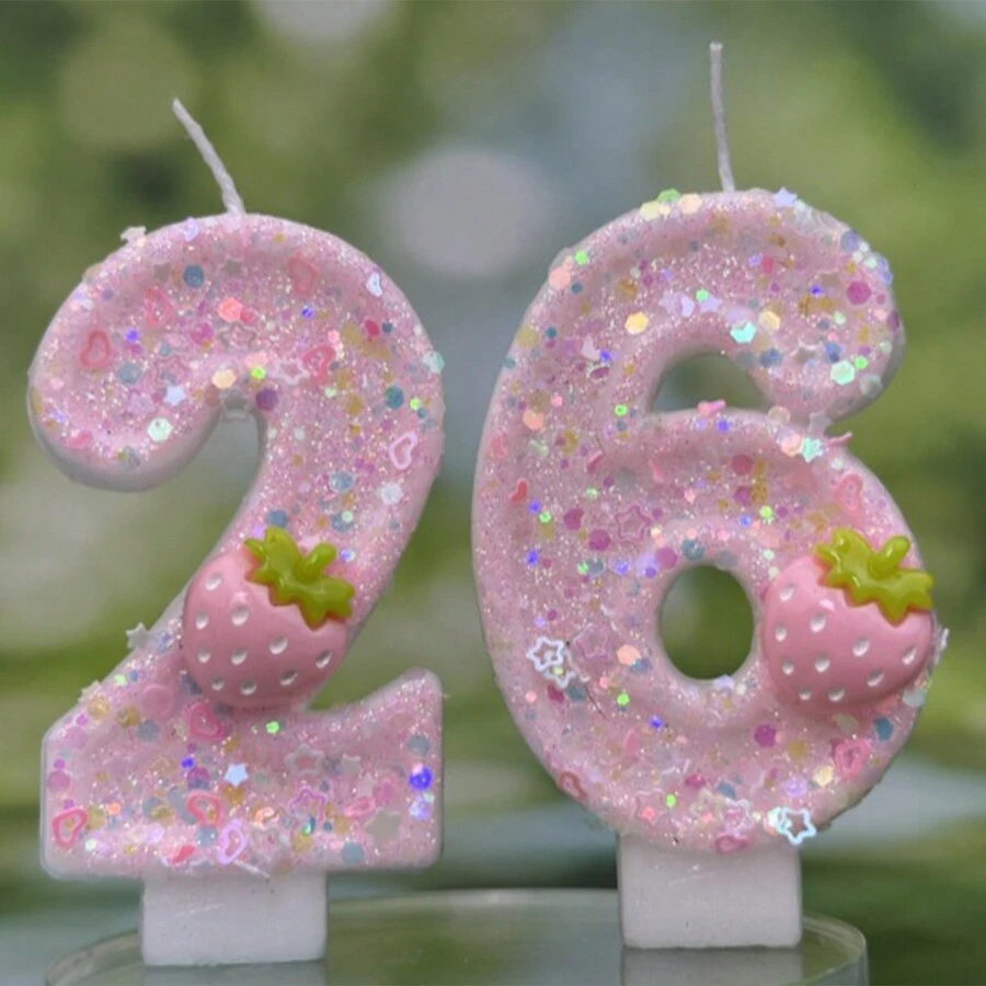 Velas numéricas de cumpleaños de 2,95 pulgadas, velas de número rosa brillante para la parte superior del pastel con fresas y lentejuelas para suministros de celebración de aniversario - Rosa - Ver 1
