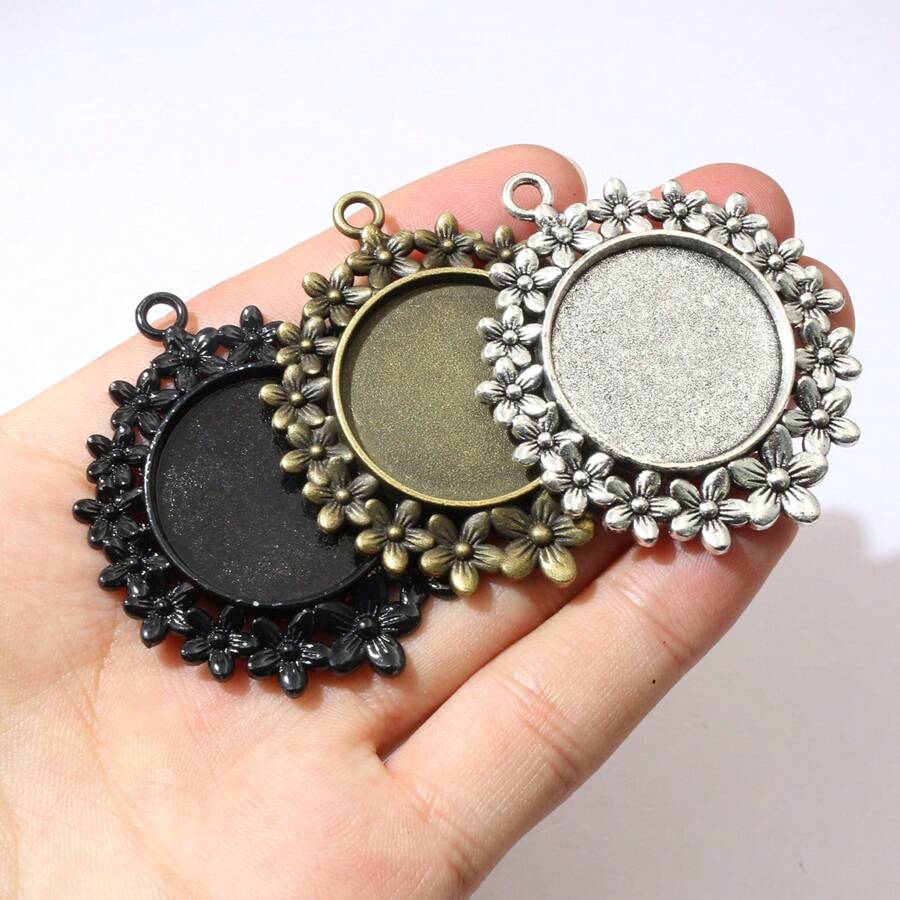 2pcs Vintage Flower Pendant Blank Base Setting Fits 25mm Round Cabochons Bezel Tray DIY Jewelry Making Accessories - Flower Pendant Cabochon Setting - View 1