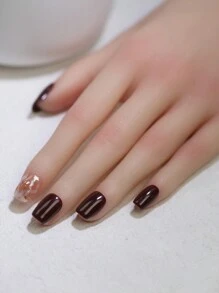 100% Uñas postizas hechas a mano de color rojo vino, 10 piezas de uñas cuadradas cortas con decoración de concha, puntas de uñas falsas reutilizables para diseños de arte de uñas para la vida diaria y vacaciones, suministros de uñas - Burdeos - Ver 6