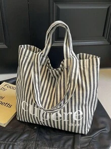 Geantă ocazională Geantă tote pentru femei de capacitate mare 2024 Noua linie la modă Geantă de umăr super fierbinte Geantă tip găleată în dungi - Negru - Vizualizare 5