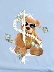 Camiseta amplia con estampado de oso de hombros caídos - Azul - Ver 6