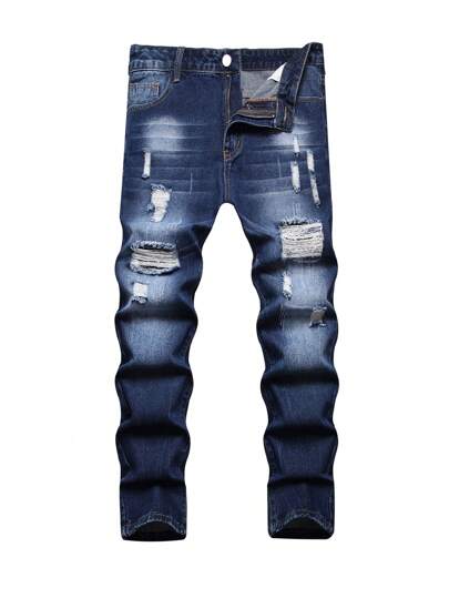 Jeans dritti con strappi blu scuro per teenager