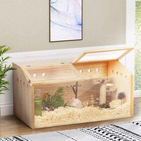 Large Wooden Hamster Cage, Mice And Rat Habitat With Visible Acrylic Window & Openable Top, Indoor Outdoor Small Animal Cage For Chinchilla, Gerbil, Rabbit, Bunny, Duck