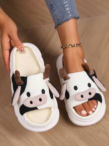 Autumn/Winter Linen Slippers, White Cow Pattern Cartoon Cow Print Slippers With Thick Sole And Linen Fabric Fashion Home Wear - White - View 2