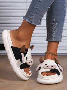 Autumn/Winter Linen Slippers, White Cow Pattern Cartoon Cow Print Slippers With Thick Sole And Linen Fabric Fashion Home Wear - White - View 5