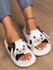 Autumn/Winter Linen Slippers, White Cow Pattern Cartoon Cow Print Slippers With Thick Sole And Linen Fabric Fashion Home Wear - White - View 4