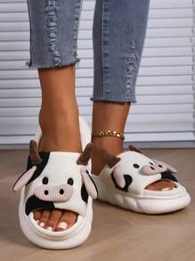 Autumn/Winter Linen Slippers, White Cow Pattern Cartoon Cow Print Slippers With Thick Sole And Linen Fabric Fashion Home Wear - White - View 6